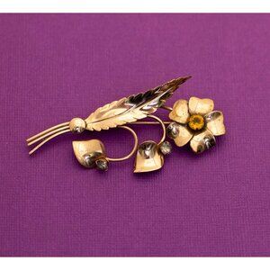 Vintage Art Nouveau Floral Gemstone Gold Tone Brooch - Q3